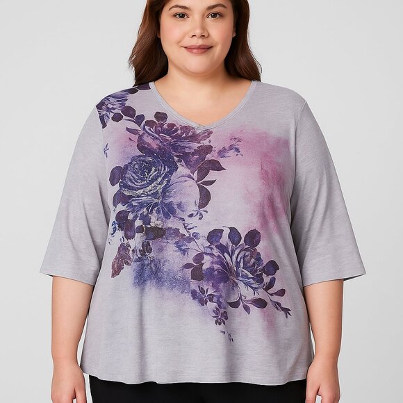 Catherines Petite Plus Size 2XWP Top – Purple Floral Print with Rhinestone 2X - Picture 1 of 7